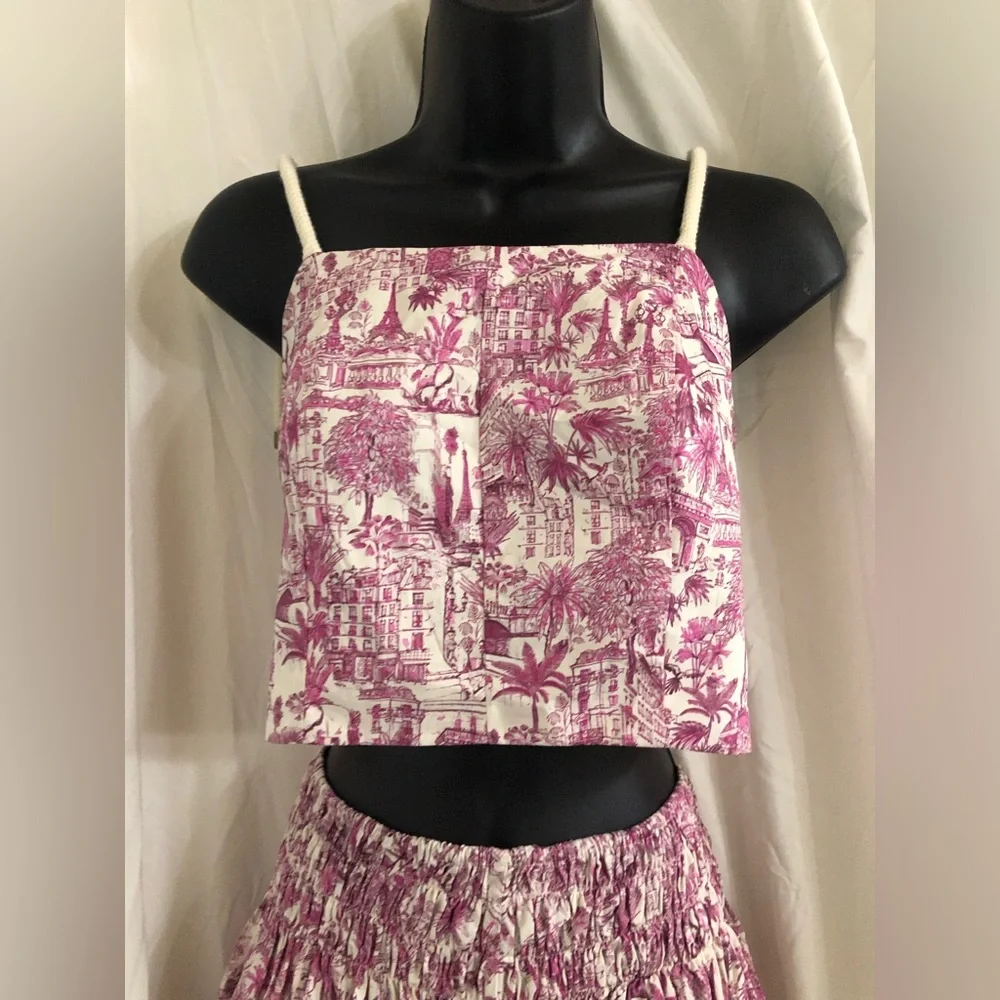 Joie 2pc pink white multi nautical strap crop top & smocked skirt set size Small